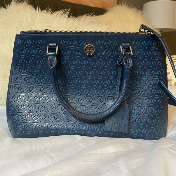 Tory Burch Handbags - Tory Burch- Dark blue floral leather Robinson tote